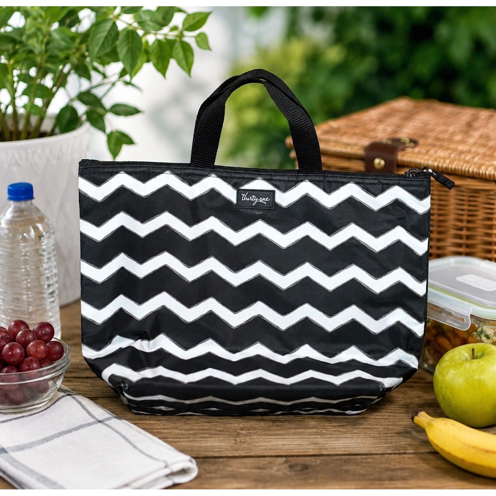 Thirty-One Thermal Tote Black White Chevron Insulated Lunch Bag